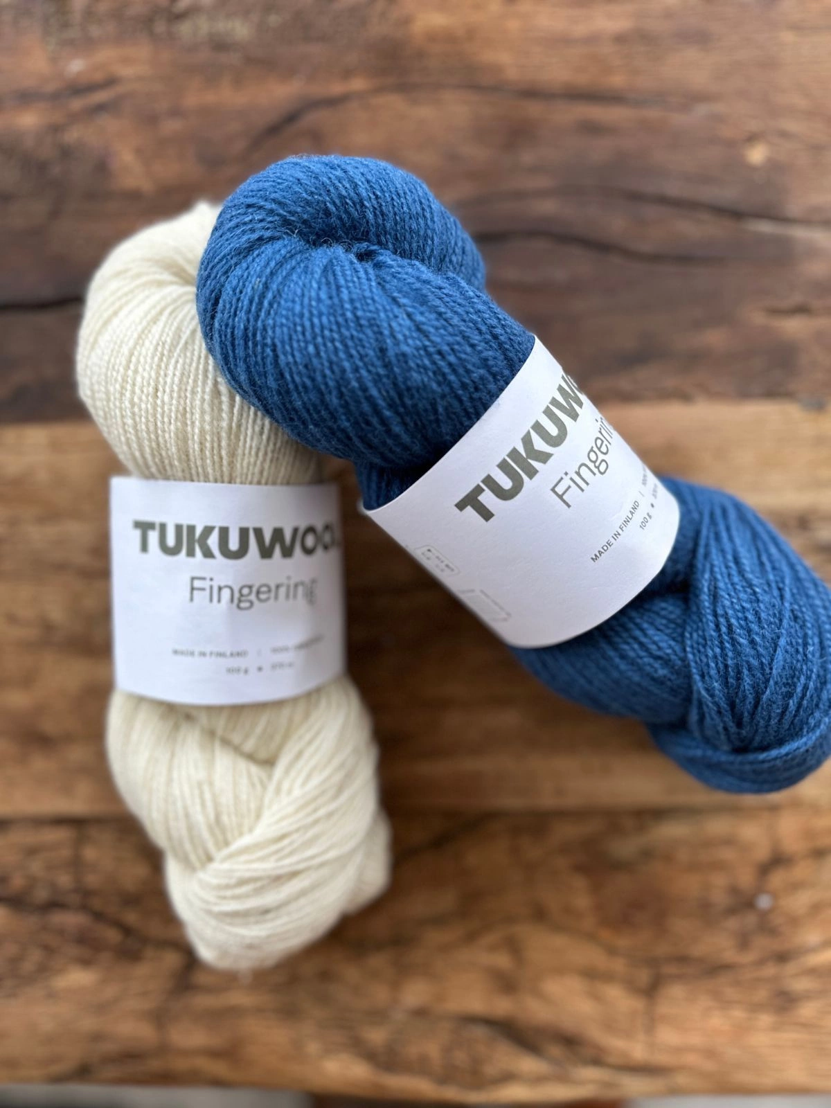 Tukuwool Fingering wool yarn finland 100g white sake, blue virta