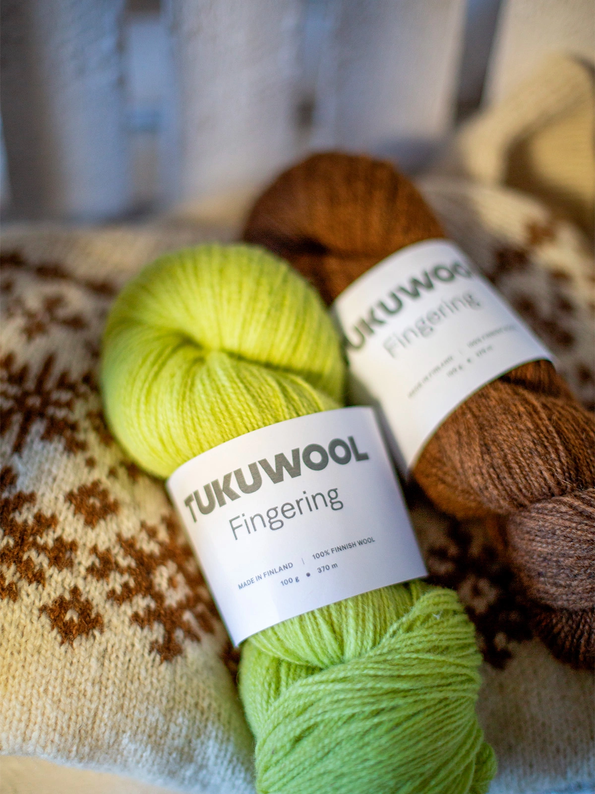 Tukuwool Fingering wool yarn finland 100g white sake, blue virta